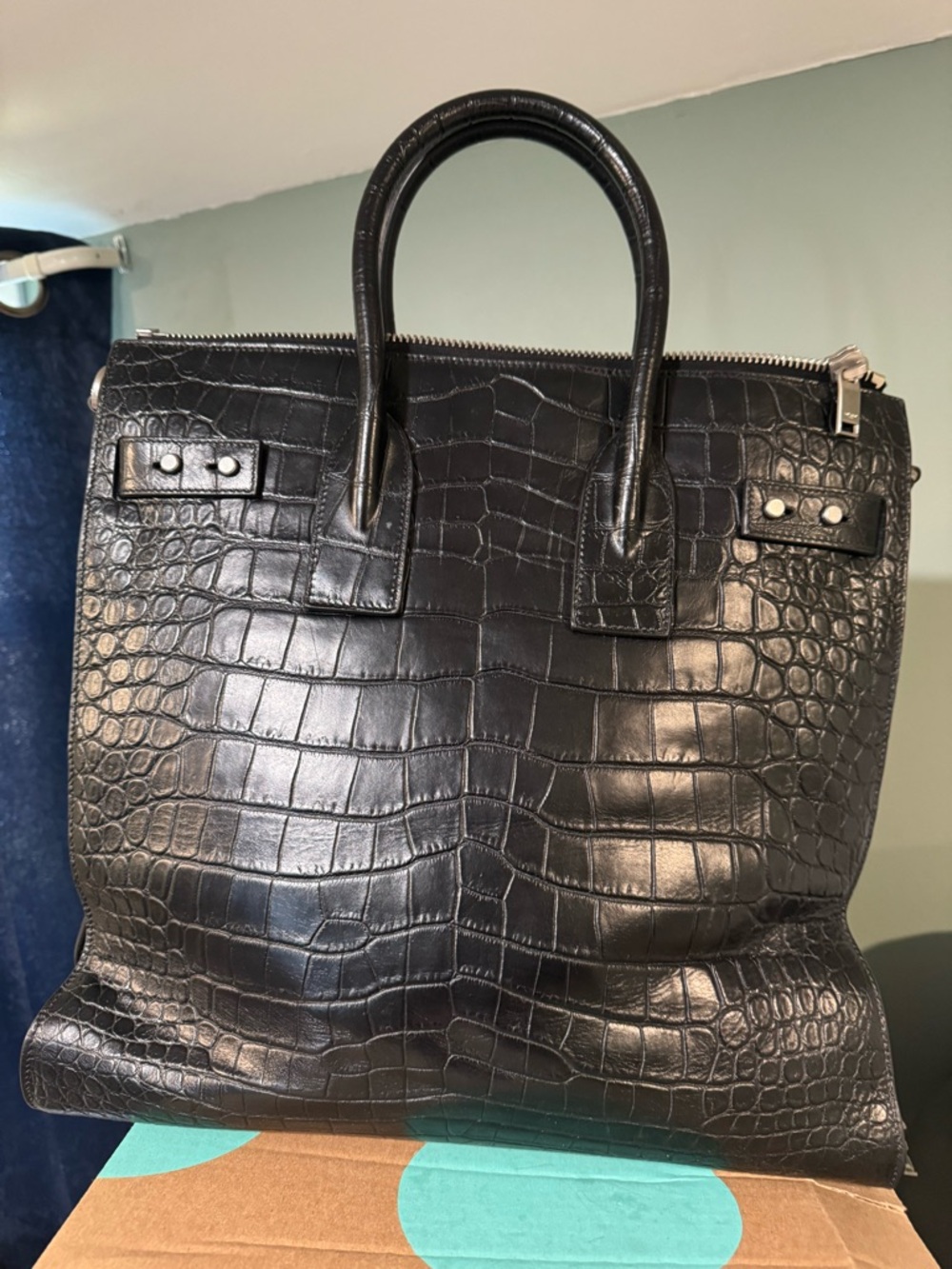 Men's Black Croc-Embossed Leather Top-Handle Bag
